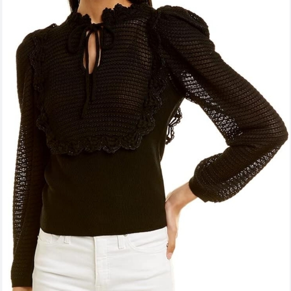 REBECCA TAYLOR Black Knit Wool  Sweater with Puff Sleeves Size S